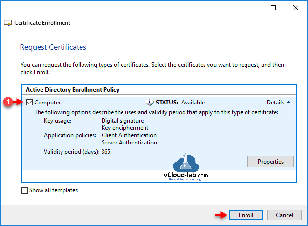 Certificate Enrollment Request Certificates Active Directory Enrollment Policy digital signature keyencipherment client server authentication ADFS federation services vsphere vcenter 7 ca service IAM identity.png