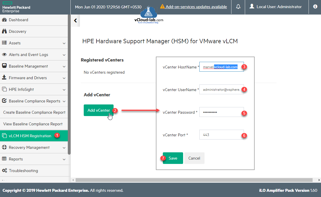 vmware vsphere esxi vcenter server vLCM HSM Registration HPE hardware Support Manager (HSM) for VMware vLCM vrealize lifecycle Manager update manager vum planner vcenter hostname port.png