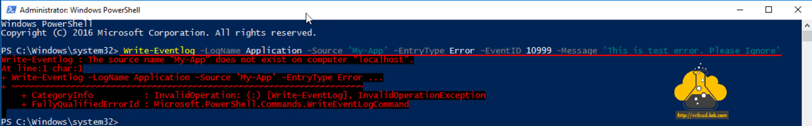 Microsoft Write-EventLog logname source entrytype error application eventid message write-eventlog the source name does not exist on computer localhost writeeventlogcommand cmdlet.png