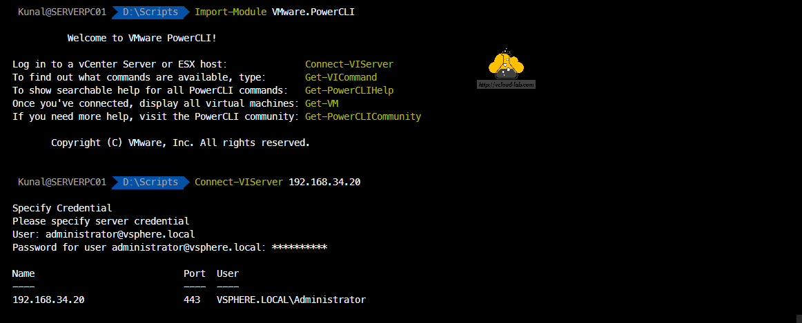 vmware vSphere powercli powershell module vmware.powercli Import-Module Connect-VIServer Administrator@vsphere.local credential vcenter esxi vcsa datastore storage automation.png