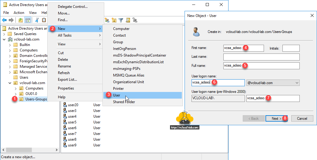 vcsa sso vcenter Active Directory (Integrated Windows Authentication) single sign on add new user account active directory domain controller adds ad sso new object user configuration.png