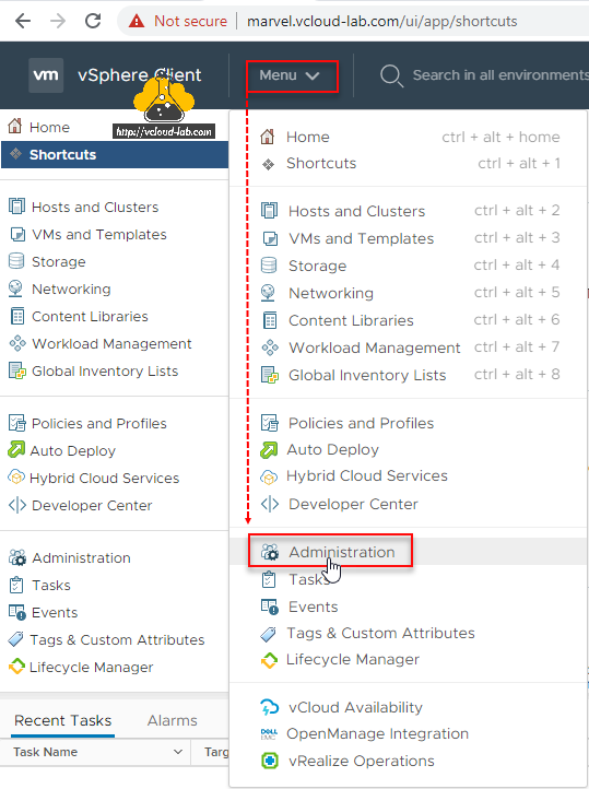 VMWare vsphere vcenter vcsa appliance hosts and clusters vms and templates menu administration policies and profiles storage networking active directory sso single sign on integrated user account.png