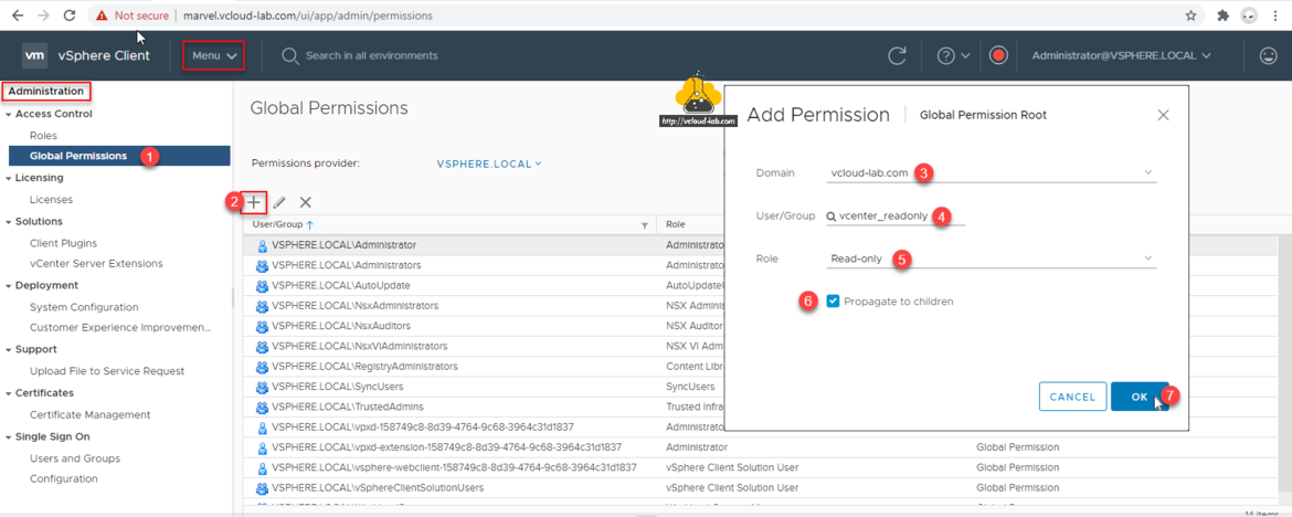 vmware vsphere client administration access control global permissions add roles permission provider adminstrator read_only active directory user and group.png