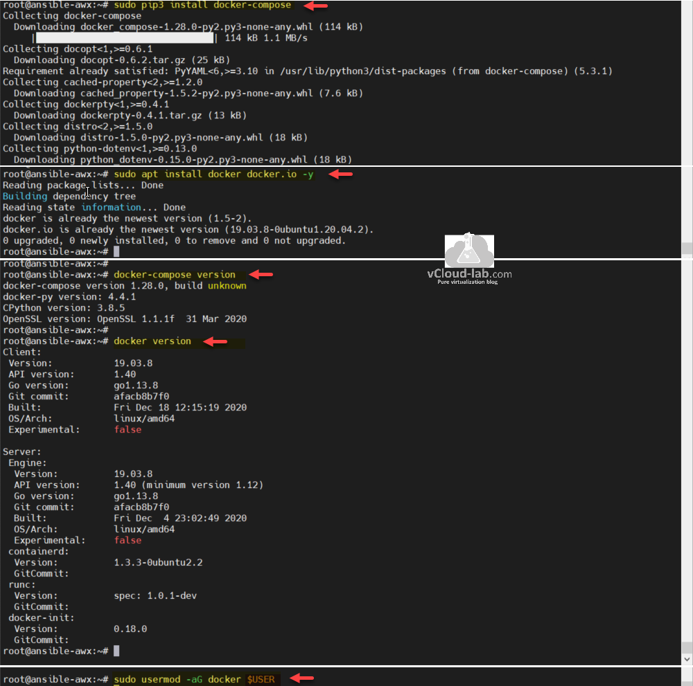 Install ansible tower ansible awx ubuntu redhat linux centos sudo pip3 install docker-compose sudo apt install docker docker.io -y docker-compose version docker version usermode -aG $USER.png