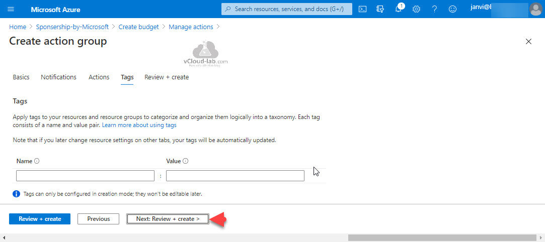Microsoft azure portal create action group managet actions notification tags review and create budget cost management.jpg
