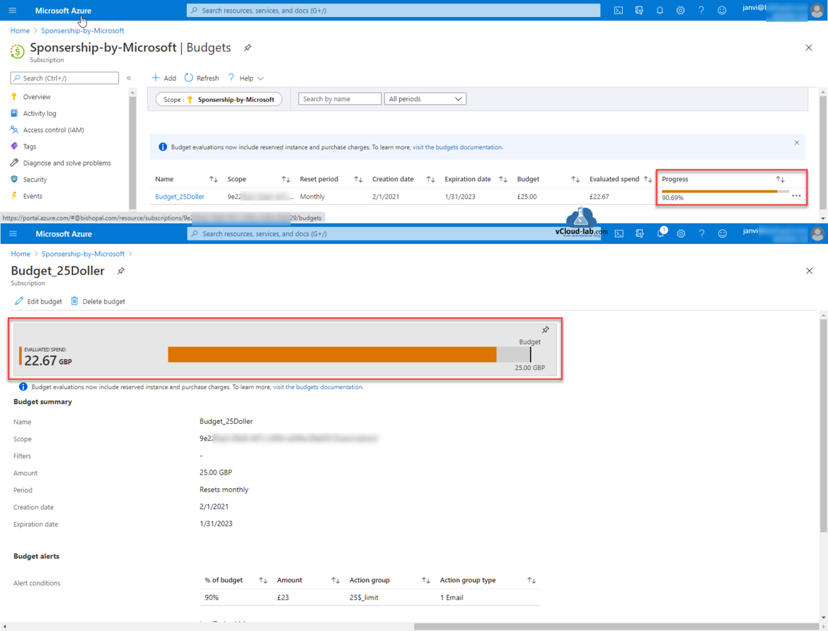 Microsoft azure portal budget creation and configuration management scope reset period creation date expiration date evaluated spend progress action group.png