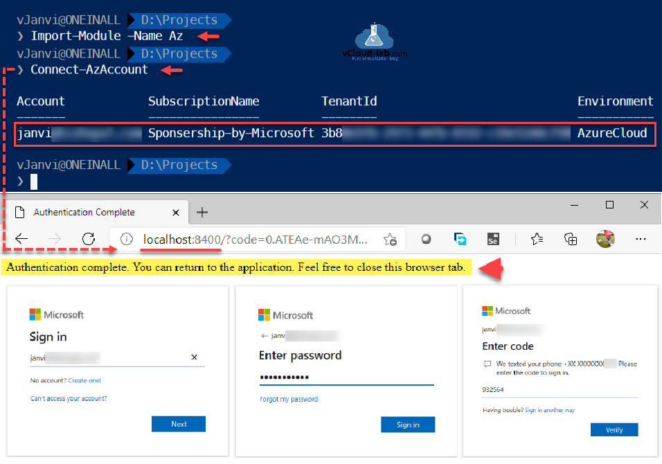 Microsoft Azure Powershell Import-Module -name Az connect-AzAccount subscriptionname tenantId Environment AzureCloud authentication Complete sign in password code verify.png