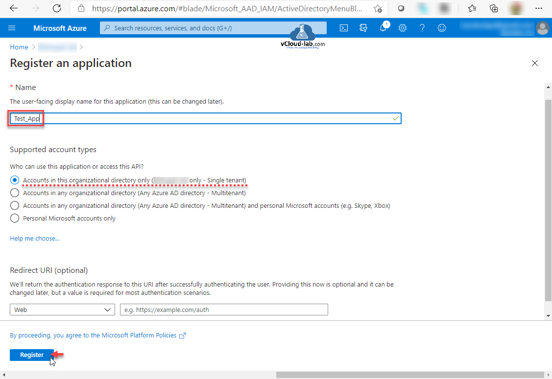 Microsoft Azure Portal Powershell Rest API Register an application accounts in this organizational directory only single tenant app registrations azure ad directory multitenant redirect URI AAD blade.png