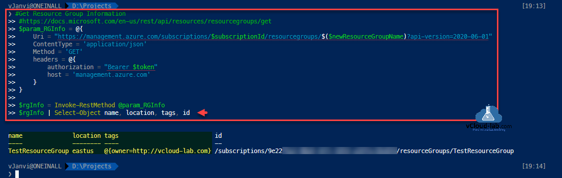 Microsoft Azure Rest API Powershell Resource group get information uri parameter powershell splatting contenttype application json method get headers authorization bearer token host invoke-restmethod select-object.png