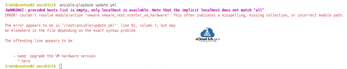 vmware vsphere esxi vcenter ansible-playbook yml yaml inventory ansible playbook vmware.vmware_rest.vcenter_vm_hardware module missing incorrect module path automation devops scripting.png