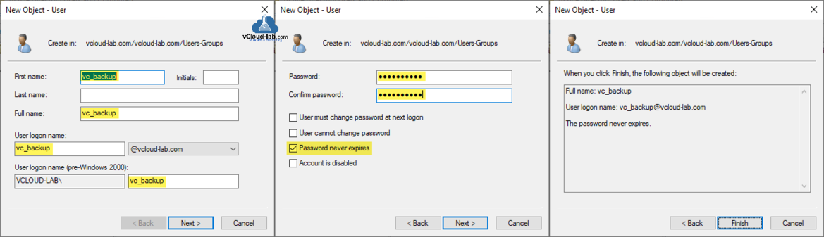 Microsoft Active Directory dsa.msc new object user creation group user logon name principal domain name controller the password neter expires vmware vsphere vcenter backup.png