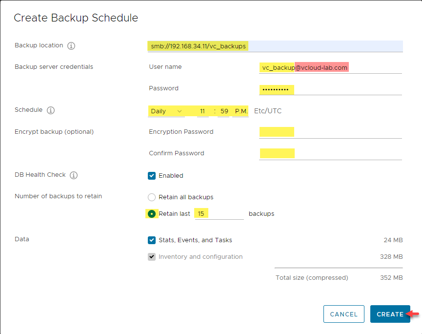 Vmware vsphere vcenter server vcsa smb backup create backup schedule backup location server credentials encrypt db health check number of backups to retain stats events tasks inventory configuration windows SMB file share.png