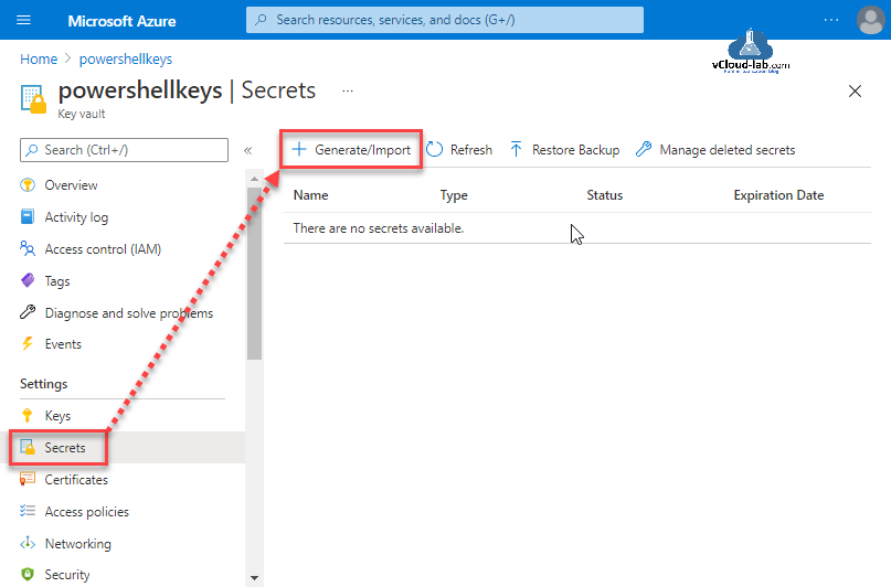 Microsoft azure portal key vault secretes keys Access control (IAM) generate import secrets certificates access policies networking security event diagnose and solve problems restore backup.png