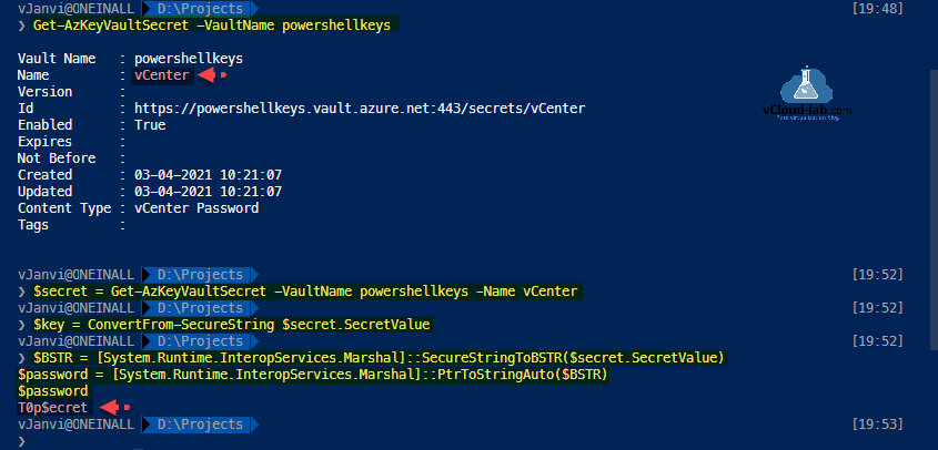 Microsoft Azure Powershell Get-AzKeyVaultSecret -vaultname identifier secret get-azkeyvaultsecret converfrom-securestring securevalue system.runtime.interopservices.Marshal securestringtobstr ptrtostringauto password.png