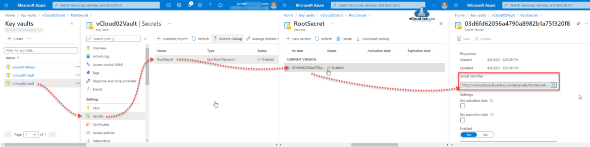 Microsoft Azure key vaults secrets keys certificates access policies current version secret identifier set activation expiration date powershell azurecli.png