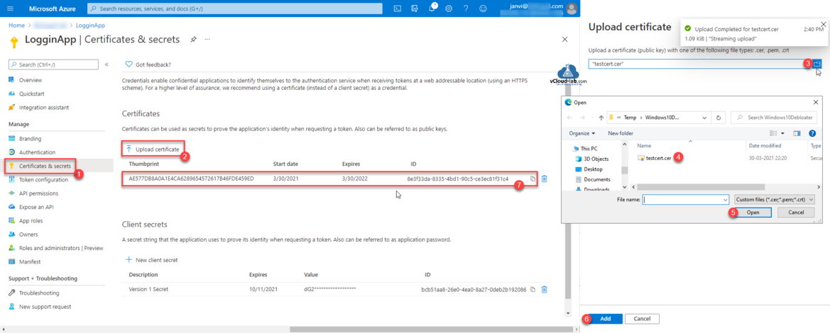 Microsoft Azure AD active directory app registrations certificates & secrets upload certificate client secret tenant subscription id thumbprint secret value keyvault credential.png