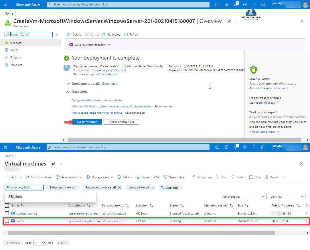 Microsoft Azure portal virtual machine deployment create vm auto-shutdown monitor vm health subscription east us windows size os windows  disks networking vnet subnet managed.png