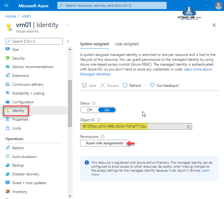 Microsoft azure portal virtual machine identity system assigned managed identity azure rbac azure role-based access contorl azure AD object id Permissions Azure role assignments key vault secret.png
