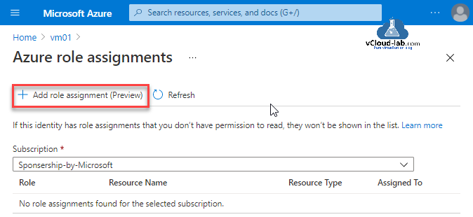 Microsoft Azure add Role assignments virtual machine subscription resource group permission to read key vault system managed identity service account principal.png