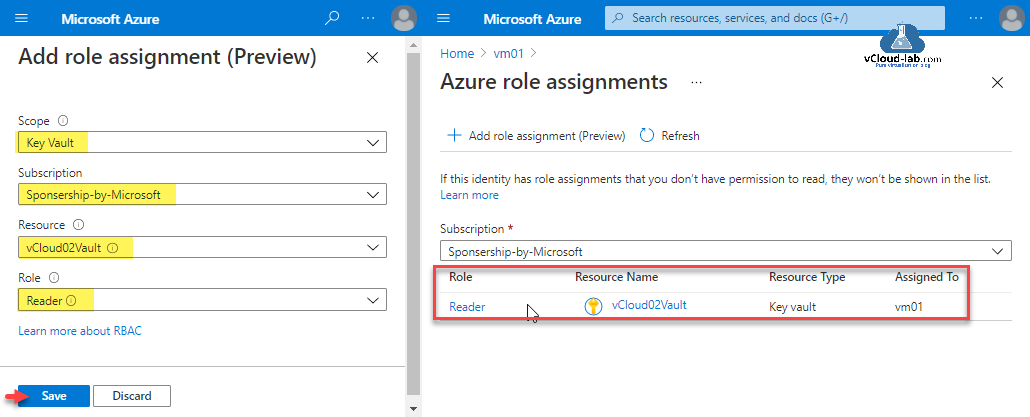 Microsoft Azure Add role assignment preview scope key vault subscription sponsered resource group role Reader key vault rbac role based access control permissions user system assigned identity.png