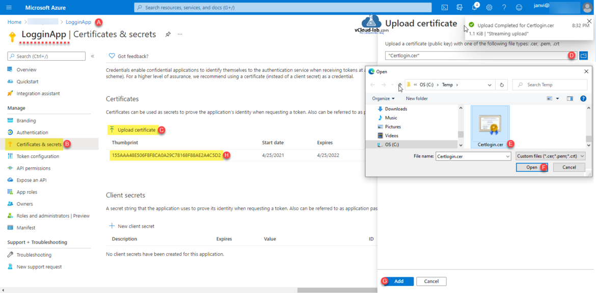 Microsoft Azure App registrations application azure active directory azuread aad certificates & secrets upload certificate cer client secrets.png