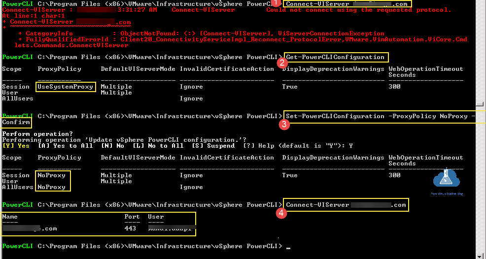 VMware vSPhere PowerCLI vCenter connect-viserver could not connect using the requested protocol get-powercliconfiguration set-powercliconfiguration proxypolicy noproxy all users session.png