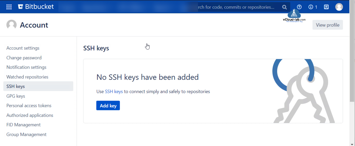 bitbucket account settings ssh keys no ssh keys have been added code commits repositories add gpg keys personal access tokens fid management authorized applications git hub.png