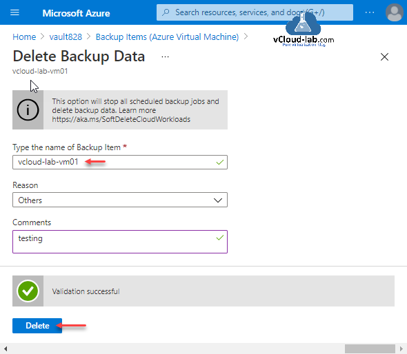Microsoft Azure Recovery serivces vault stop all scheduled backup jobs delete backup data soft delete cloud workloads reason others comments validation successful delete.png