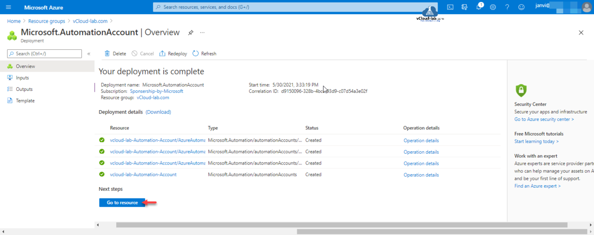 Microsoft azure resource group deployments microsoft.AutomationAccount Overview template security center go to resource create an azure account automation deployment.png