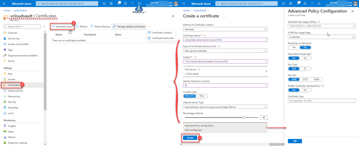 Microsoft Azure Portal Key Vault Certificates secrets Keys access policies generate certificate name authority CA Subject CN= DNS validity pkcs pem rsa private public key.png