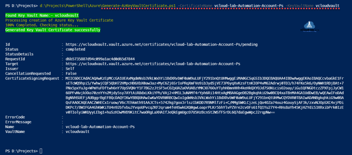 Microsoft Azure Key vault certificate powershell azurecli generate cert ssl self signed vault.azure.net issuer Target requestId statusdetails vaultname key secrets passwords.png