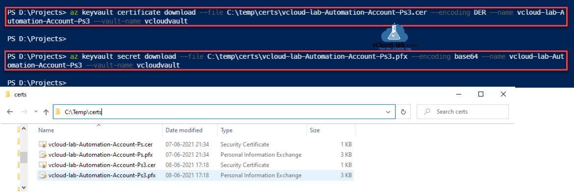 Microsoft Azure Powershell az keyvault certificate download secret download --file --encoding der base64 --name  --vault-name key vault azurecli az login.png