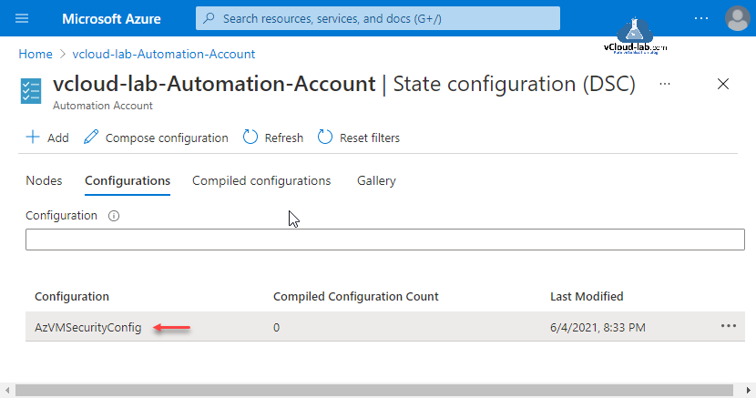 Micorsoft Azure Portal automation account compose configuration configuration Gallary desired state configuration dsc virtual machine reset filters node.png