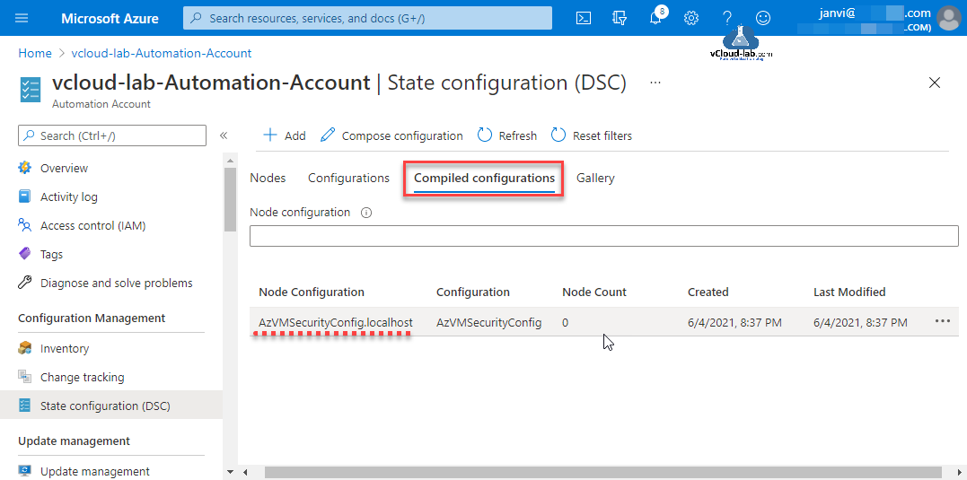 Microsoft Azure automation account IAM access control tags inventory change tracking desired state configuration dsc update management node configuration management compiled configurations compose count .png
