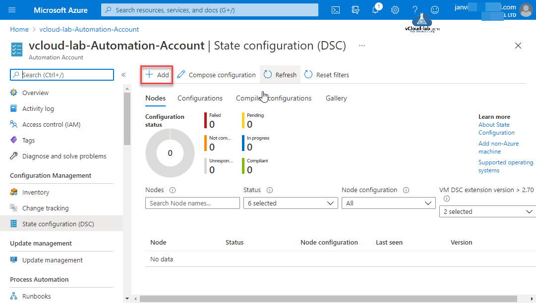 Microsoft automation account azure desired state configuration dsc add compose configuration access control inventory status compiled configuration galary add virtual machine powershell dsc script.png