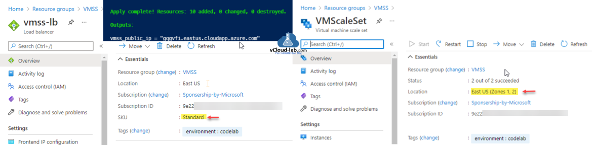 Microsoft Azure Portal terraform deploy apply complete azurerm resources added changes destroyed sku availbility standard zone location subscription resource group sponsered tags.png