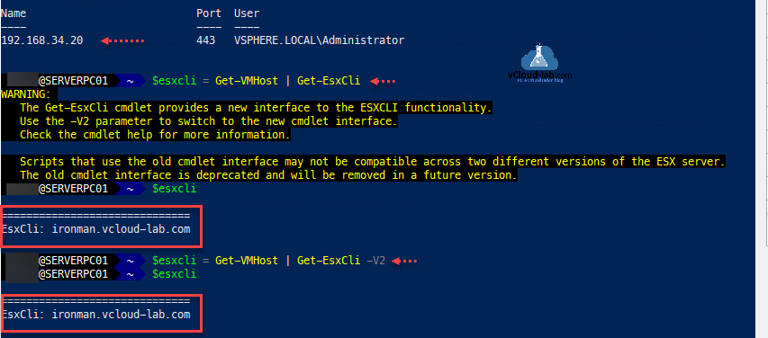 Microsoft PowerShell vmware vsphere vcenter esxi administrator.vsphere.local esxcli get-vmhost get-esxcli deprecated cmdlet vmware.powercli -v2 future commands esxi.png