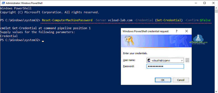 Microsoft Powershell windows computer machine password reset Reset-ComputerMachinePassword -server domain controller active directory -credential get-credential -confirm broke trust relationship.png