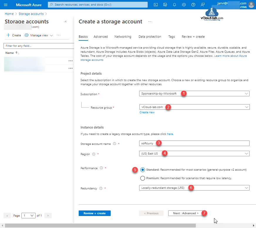 Create a new storage Account in Azure portal region performance standard permium redudancy locally-redudant lrs storage low latency general-purpose managed storage unmanaged blob container.png