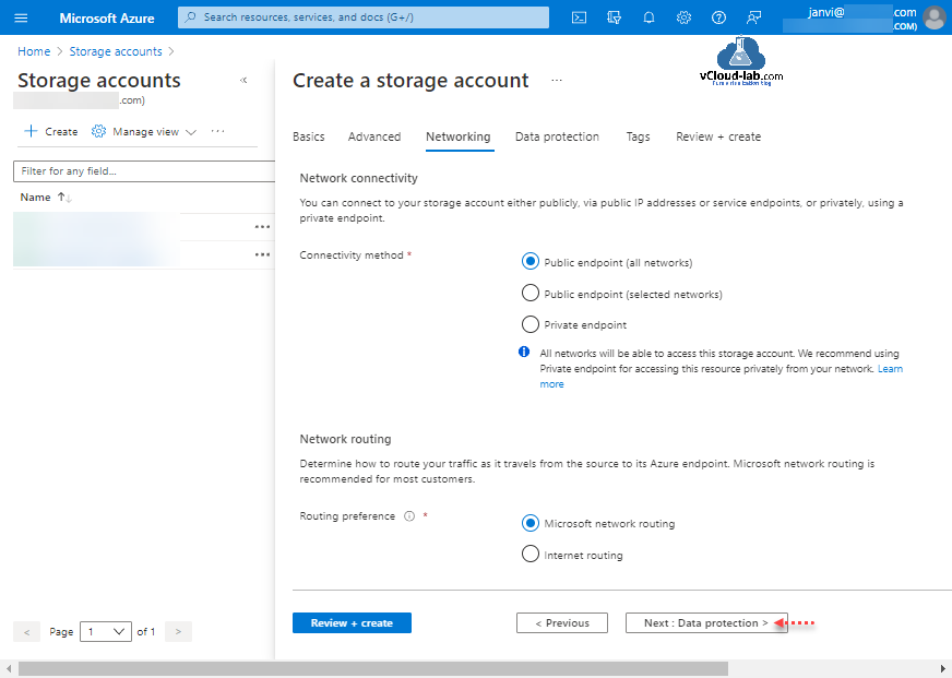Create a storage account Microsoft Azure portal cloud public endpoint all networks public endping private endpoint.png