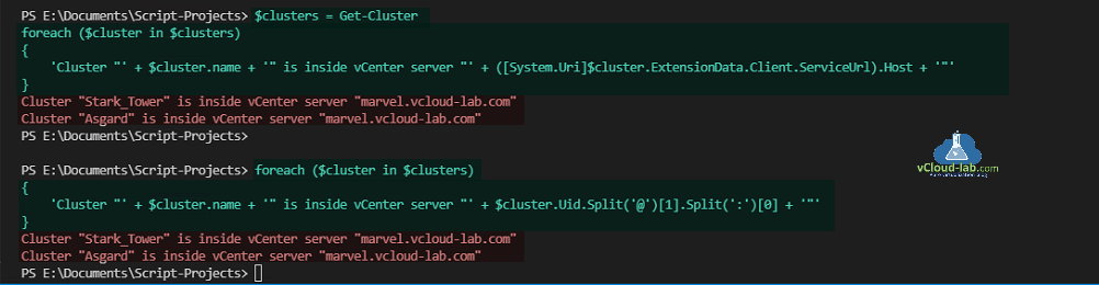 VMware vSphere vCenter vcsa esxi get-cluster get-vm get-vmhost vmware.powercli find vCenter name of object uid split extensiondata clienter serviceurl esxi host cluster.png