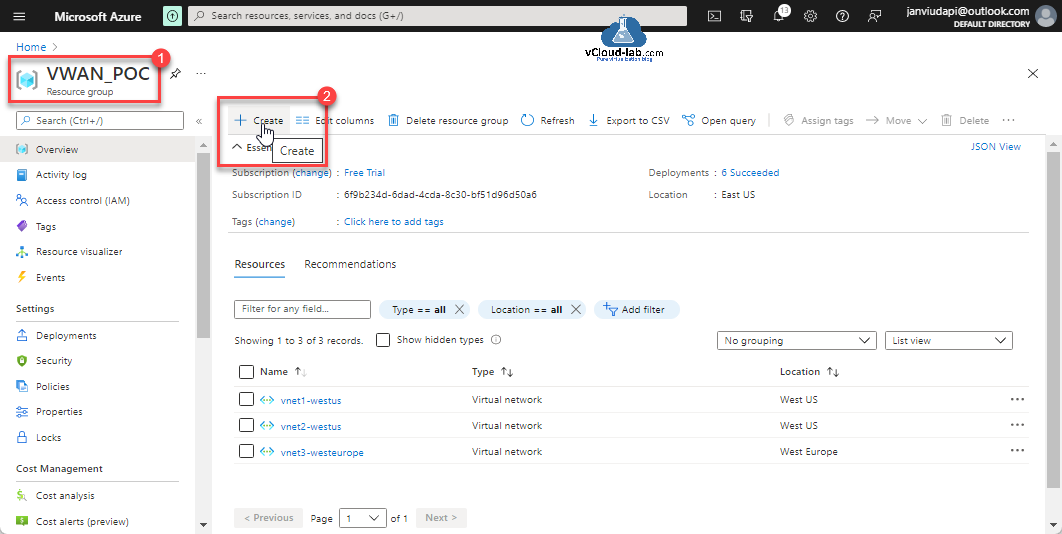 Microsoft Azure portal Resource group virtual wan access control (IAM) create resource azure service vnet virtual network vwan virtual wan networking s2s site to site vpn expressroute.png