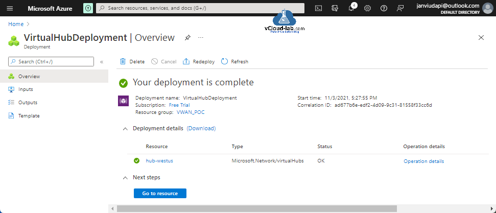 Microsoft Azure portal Virtual hub deployment free trial virtual wan poc secured hub firewall manager virtualhubdeployment inputs outputs template redeploy correlation id operation details azfw fw.png