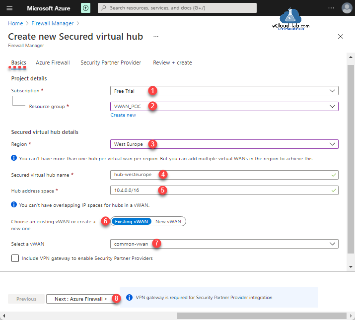 Microsoft Azure Create new secured virtual hub subscription resource group region hub address space overlapping IP spaces for hubs vwan existing virtual wan security partner vpn gateway.png