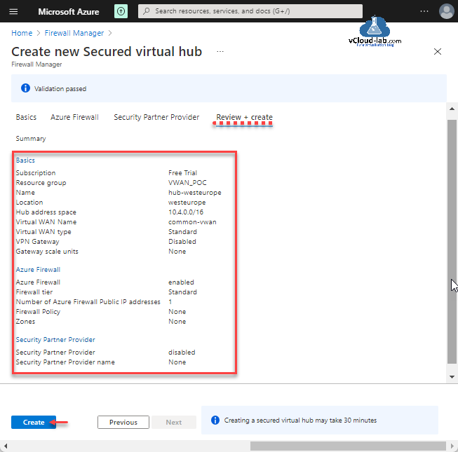 Microsoft Azure Firewall Manager create new secured virtual hub virtual wan vwan subscription resource group vpn gateway scale units firewall tier public ip addresses sones security partner provider.png
