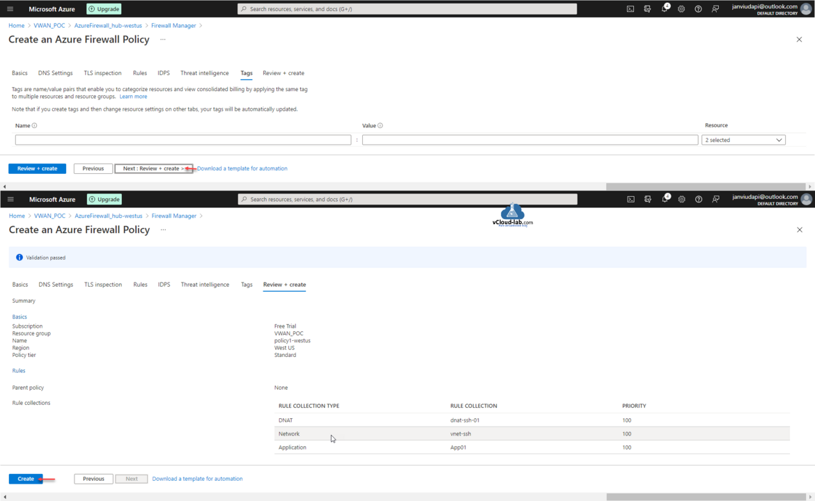 Microsoft azure portal create an azure firewall policy dns settings tls inspction rules idps treate intelligence tags subscription region policy tier.png