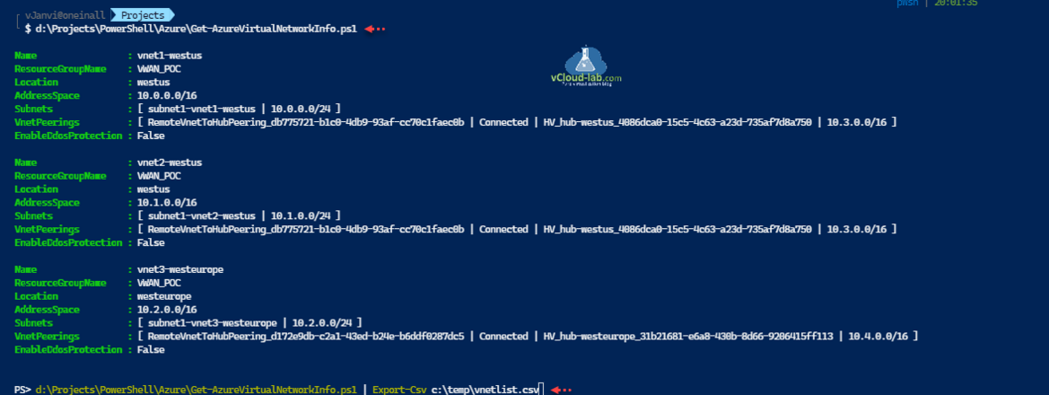 Microsoft Azure Powershell Virtual Network select-object resource group address space subnets vnet peering enableddosprotection get-azvirtualnetwork foreach loop.png