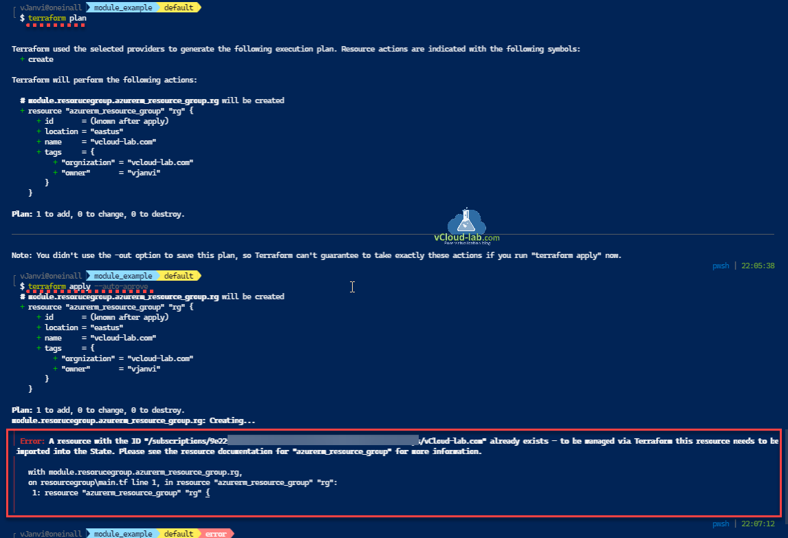 Microsoft Powershell terraform plan apply --auto-approve azurerm_resource_group module importing existing infrastructure resources already exists imported into the state.png