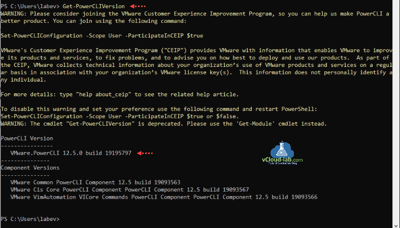 Microsoft Powershell, VMware.PowerCLI VMware common Powercli components cis core vimautomation vicore build get-powercliversion.png