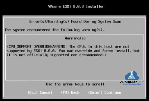VMware Vsphere vcenter esxi 8.0 installer cpu_support overridewarning officaly supported cpu force install warning system scan installation install step by step.jpg